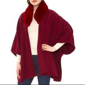 WOMENS WINE RUANA/PONCHO W/FAUX FUR COLLAR  - OS